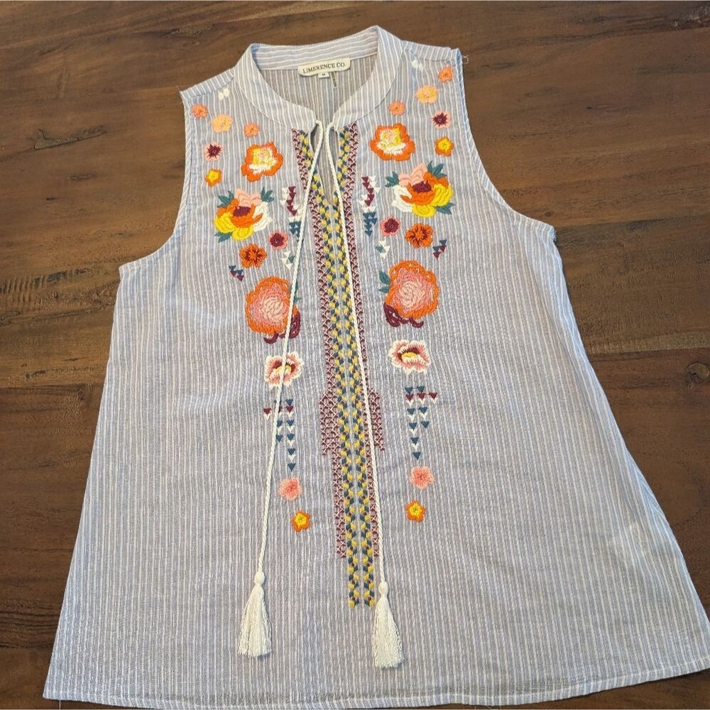 Limerence Embroidered Sleeveless Swing Top Floral Tassel Tie Size Small